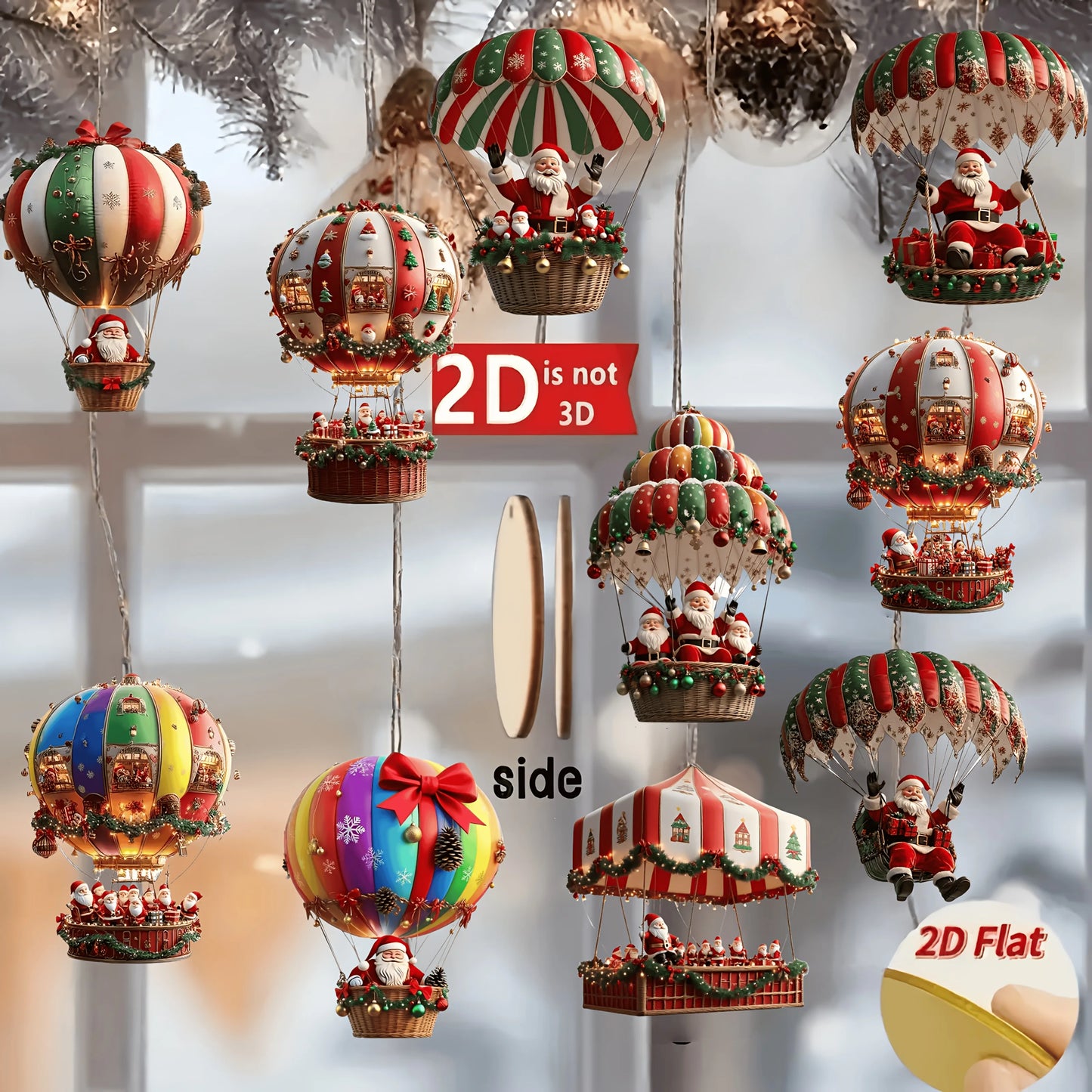 🎈 Globos Aerostáticos Navideños de Madera · Set de 10 Colgantes 2D de Papá Noel · Decoración para Árbol 🎄