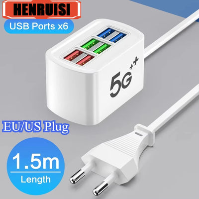 Regleta eléctrica universal multifunción con 6 puertos USB y enchufes EU/US — cable de extensión y adaptador de carga para teléfonos, tablets y más dispositivos