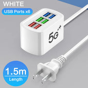 Regleta eléctrica universal multifunción con 6 puertos USB y enchufes EU/US — cable de extensión y adaptador de carga para teléfonos, tablets y más dispositivos