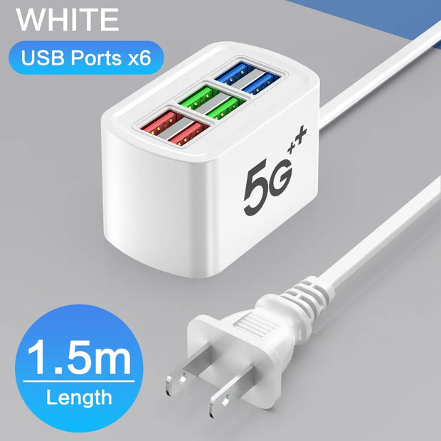 Regleta eléctrica universal multifunción con 6 puertos USB y enchufes EU/US — cable de extensión y adaptador de carga para teléfonos, tablets y más dispositivos