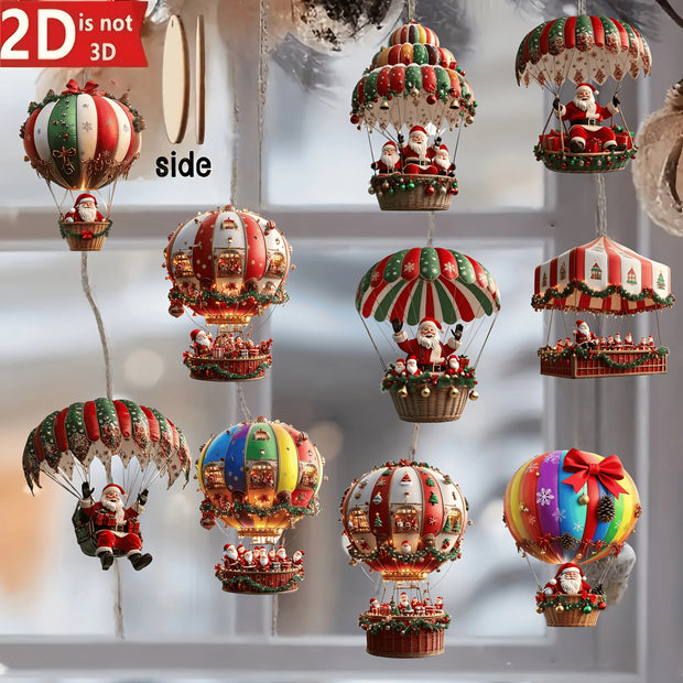 🎈 Globos Aerostáticos Navideños de Madera · Set de 10 Colgantes 2D de Papá Noel · Decoración para Árbol 🎄