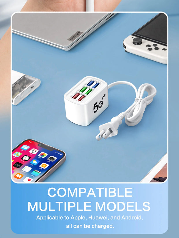 Regleta eléctrica universal multifunción con 6 puertos USB y enchufes EU/US — cable de extensión y adaptador de carga para teléfonos, tablets y más dispositivos