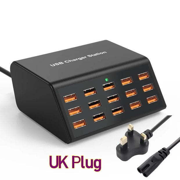 Cargador USB múltiple de 100 W con 15 puertos y carga rápida 2,4 A máx. — estación de carga universal para iPhone, iPad y tablets Samsung