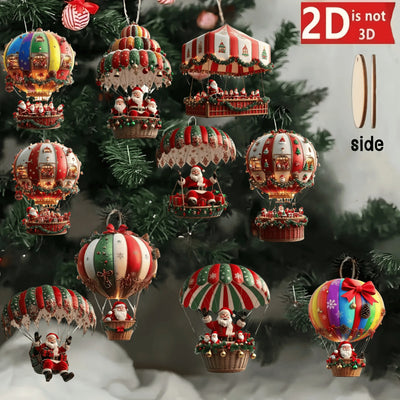 🎈 Globos Aerostáticos Navideños de Madera · Set de 10 Colgantes 2D de Papá Noel · Decoración para Árbol 🎄