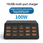 Cargador USB múltiple de 100 W con 15 puertos y carga rápida 2,4 A máx. — estación de carga universal para iPhone, iPad y tablets Samsung