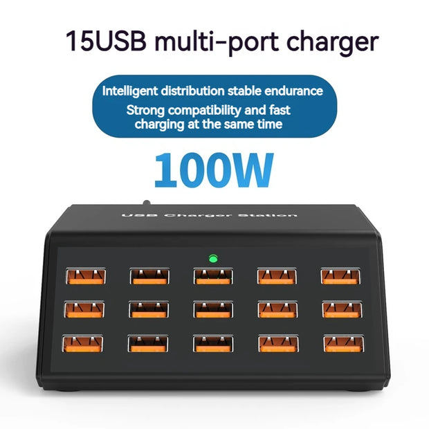 Cargador USB múltiple de 100 W con 15 puertos y carga rápida 2,4 A máx. — estación de carga universal para iPhone, iPad y tablets Samsung