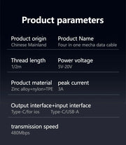 ⚡ Cable de Carga Rápida 4 en 1 Mecha PD 27W / 65W | Multi Puerto USB Tipo-C – Compatible con iPhone 15, Samsung y Xiaomi