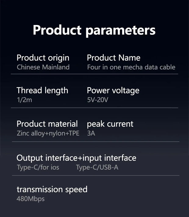 ⚡ Cable de Carga Rápida 4 en 1 Mecha PD 27W / 65W | Multi Puerto USB Tipo-C – Compatible con iPhone 15, Samsung y Xiaomi
