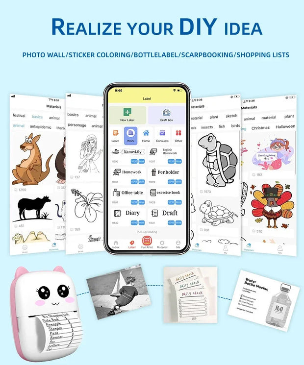 💎 Versión principal (atractiva y clara para tienda Azlo):  🐾 Impresora Térmica Portátil Mini con Diseño de Gato | Impresora de Etiquetas Bluetooth 58 mm – Inalámbrica para Android e iOS