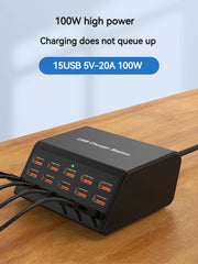 Cargador USB múltiple de 100 W con 15 puertos y carga rápida 2,4 A máx. — estación de carga universal para iPhone, iPad y tablets Samsung