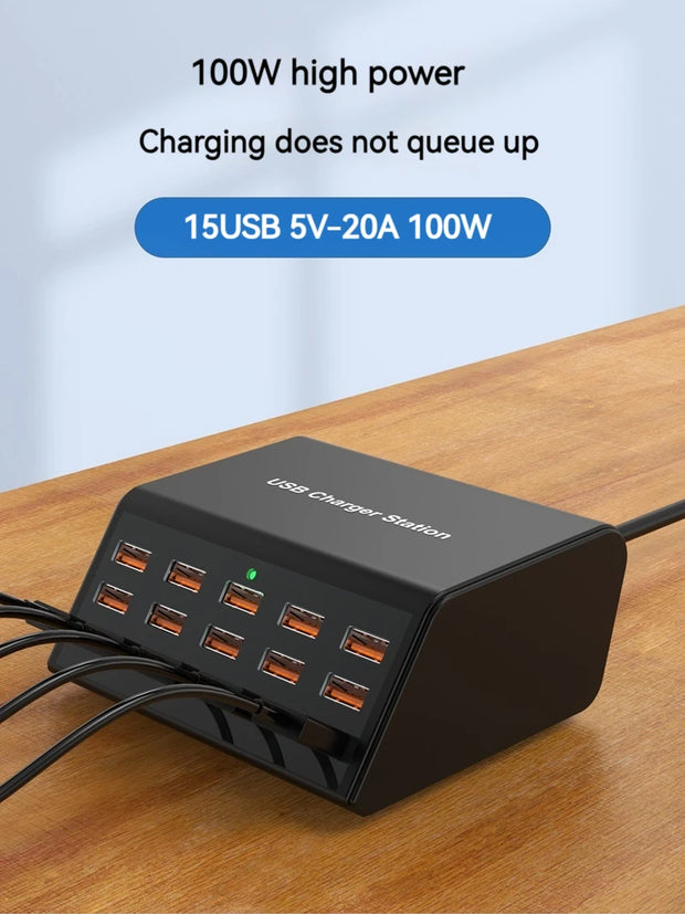 Cargador USB múltiple de 100 W con 15 puertos y carga rápida 2,4 A máx. — estación de carga universal para iPhone, iPad y tablets Samsung