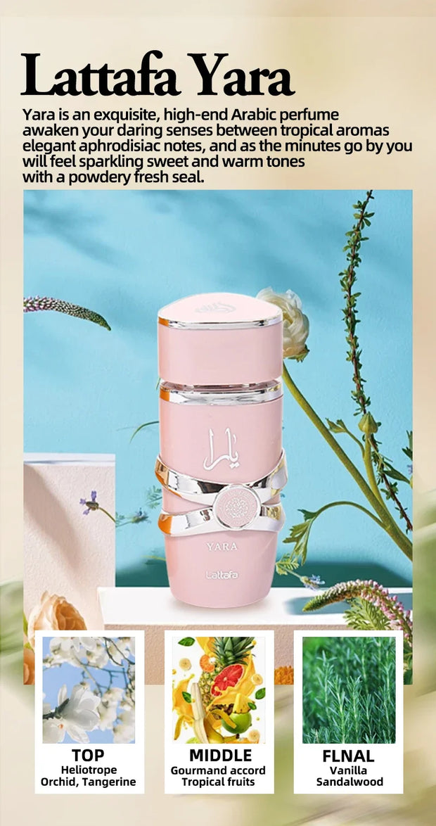 Perfume Yara Original 100 ml Unisex – Eau de Parfum Árabe de Alta Calidad, Fragancia Duradera con Feromonas y Aroma Ligero en Spray