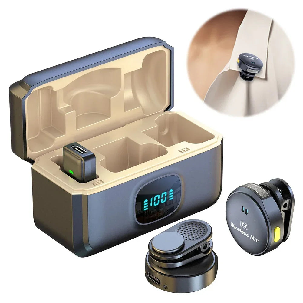 Micrófono de Solapa Inalámbrico Profesional · 50 m de Alcance · 40 h de Batería + Estuche de Carga
