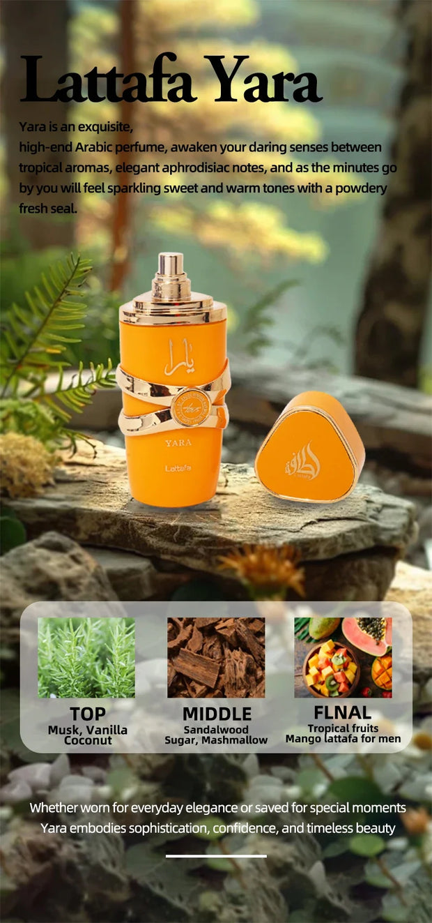Perfume Yara Original 100 ml Unisex – Eau de Parfum Árabe de Alta Calidad, Fragancia Duradera con Feromonas y Aroma Ligero en Spray