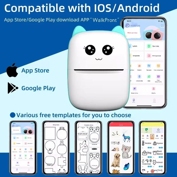 💎 Versión principal (atractiva y clara para tienda Azlo):  🐾 Impresora Térmica Portátil Mini con Diseño de Gato | Impresora de Etiquetas Bluetooth 58 mm – Inalámbrica para Android e iOS