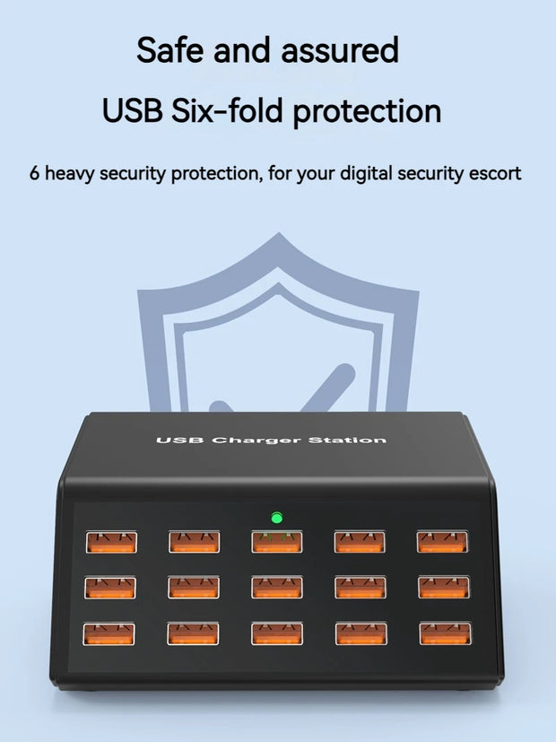 Cargador USB múltiple de 100 W con 15 puertos y carga rápida 2,4 A máx. — estación de carga universal para iPhone, iPad y tablets Samsung
