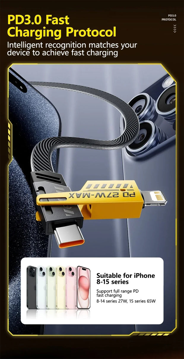 ⚡ Cable de Carga Rápida 4 en 1 Mecha PD 27W / 65W | Multi Puerto USB Tipo-C – Compatible con iPhone 15, Samsung y Xiaomi