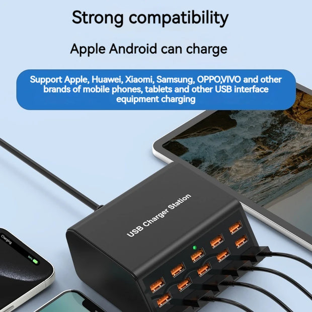 Cargador USB múltiple de 100 W con 15 puertos y carga rápida 2,4 A máx. — estación de carga universal para iPhone, iPad y tablets Samsung
