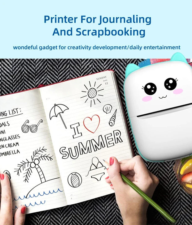 💎 Versión principal (atractiva y clara para tienda Azlo):  🐾 Impresora Térmica Portátil Mini con Diseño de Gato | Impresora de Etiquetas Bluetooth 58 mm – Inalámbrica para Android e iOS