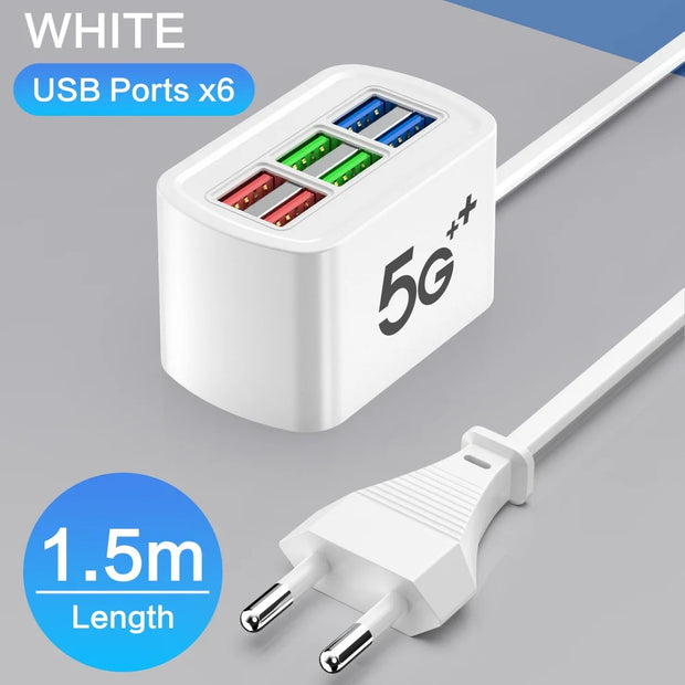 Regleta eléctrica universal multifunción con 6 puertos USB y enchufes EU/US — cable de extensión y adaptador de carga para teléfonos, tablets y más dispositivos