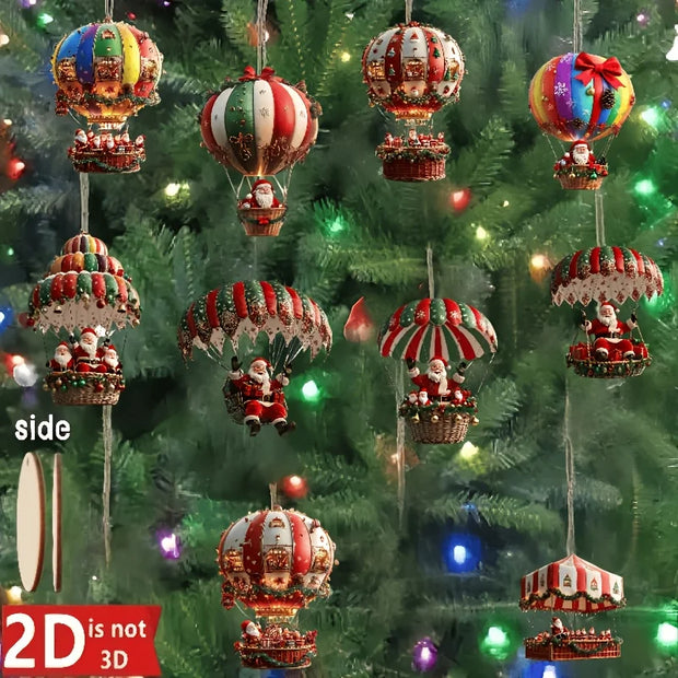 🎈 Globos Aerostáticos Navideños de Madera · Set de 10 Colgantes 2D de Papá Noel · Decoración para Árbol 🎄