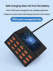 Cargador USB múltiple de 100 W con 15 puertos y carga rápida 2,4 A máx. — estación de carga universal para iPhone, iPad y tablets Samsung