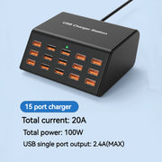 Cargador USB múltiple de 100 W con 15 puertos y carga rápida 2,4 A máx. — estación de carga universal para iPhone, iPad y tablets Samsung