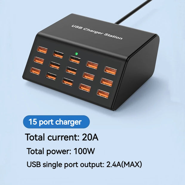 Cargador USB múltiple de 100 W con 15 puertos y carga rápida 2,4 A máx. — estación de carga universal para iPhone, iPad y tablets Samsung
