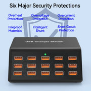 Cargador USB múltiple de 100 W con 15 puertos y carga rápida 2,4 A máx. — estación de carga universal para iPhone, iPad y tablets Samsung