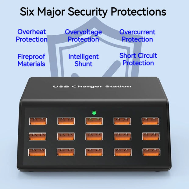 Cargador USB múltiple de 100 W con 15 puertos y carga rápida 2,4 A máx. — estación de carga universal para iPhone, iPad y tablets Samsung